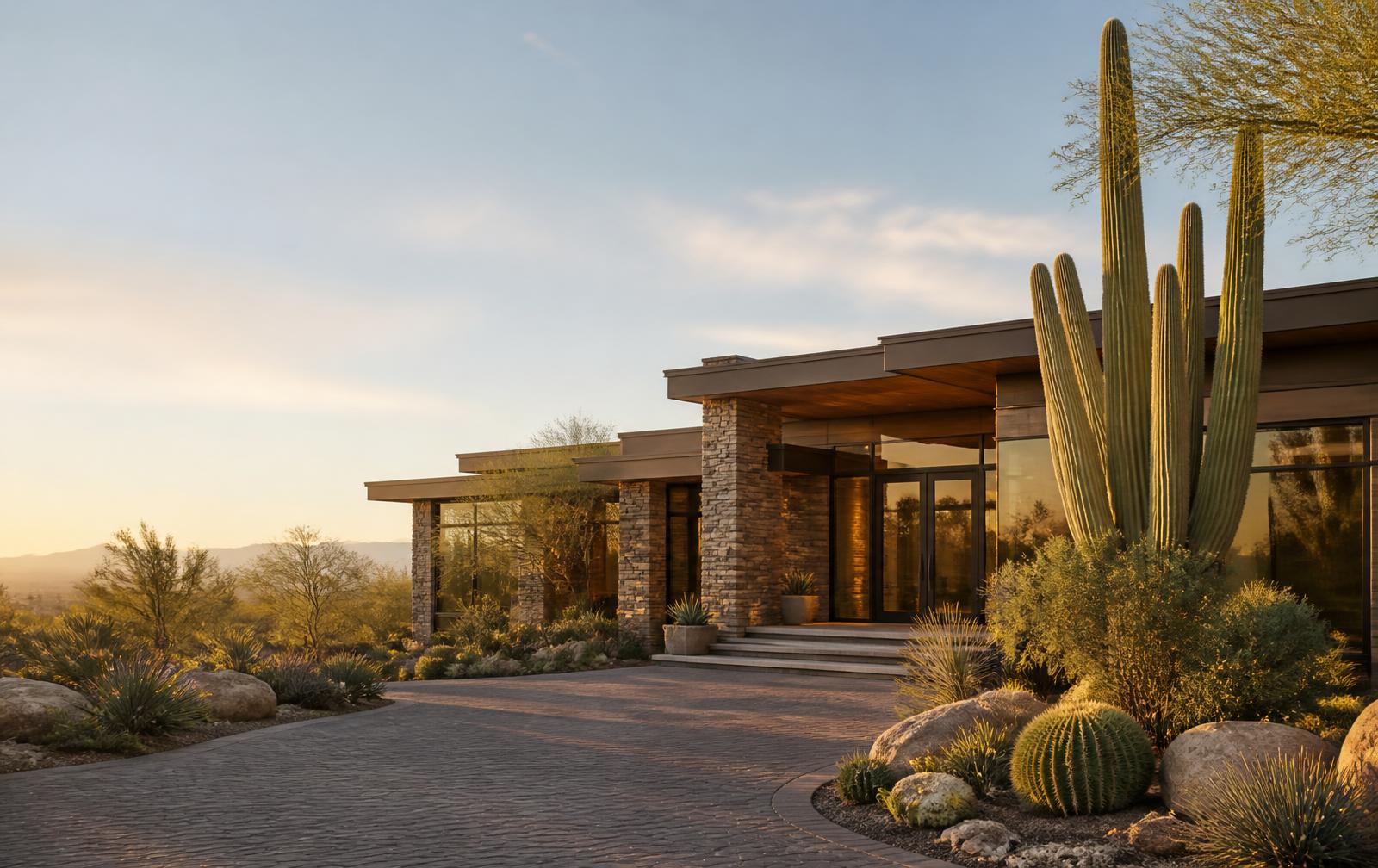 Contemporary Arizona desert home with native landscaping at sunset
