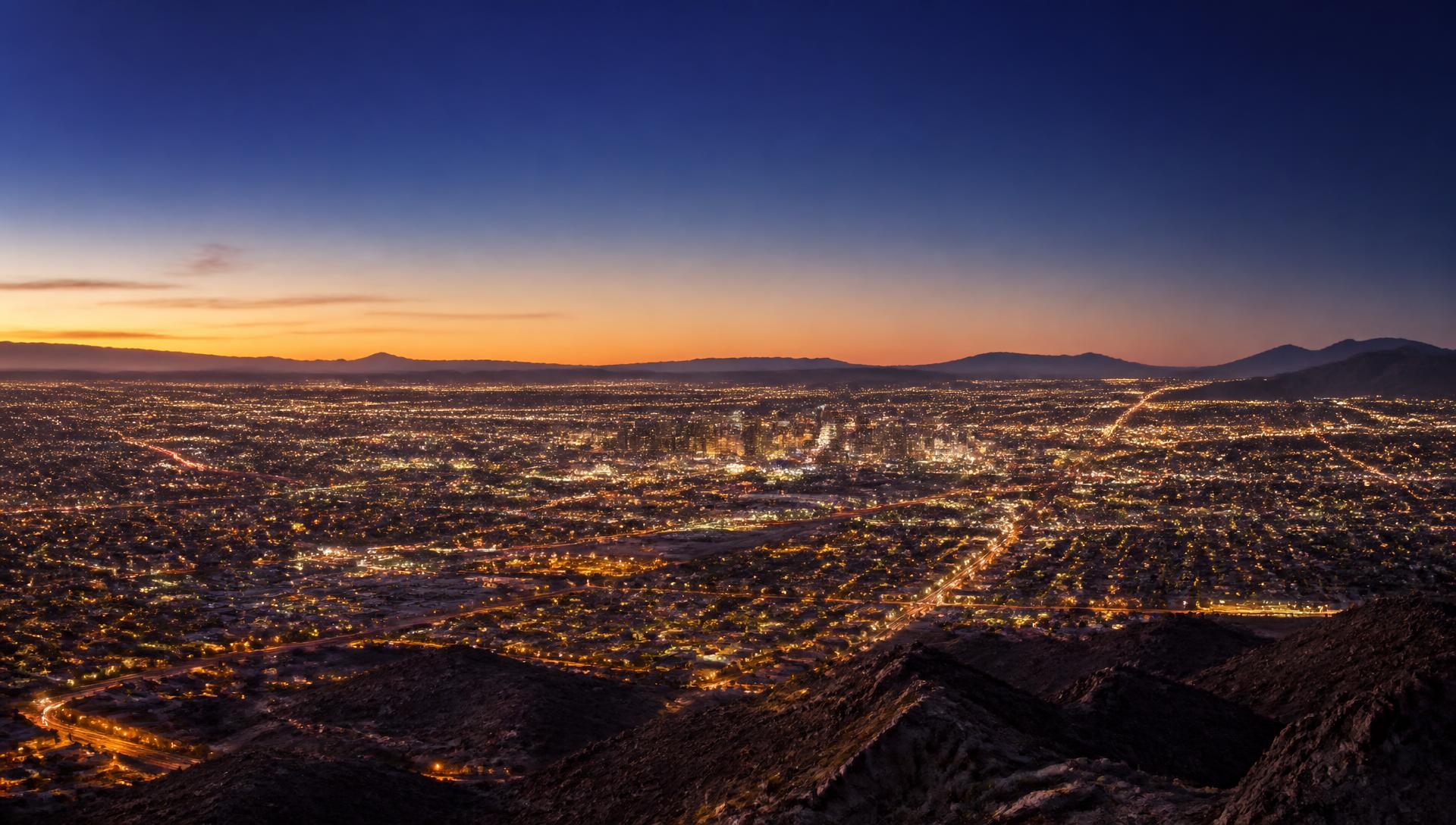 Aerial view of the Phoenix, Arizona valley at dusk