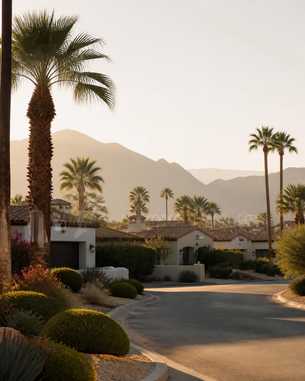 Arizona neighborhood street lined with palm trees at sunrise